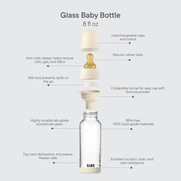 Glass baby bottle with features highlighted on a white background