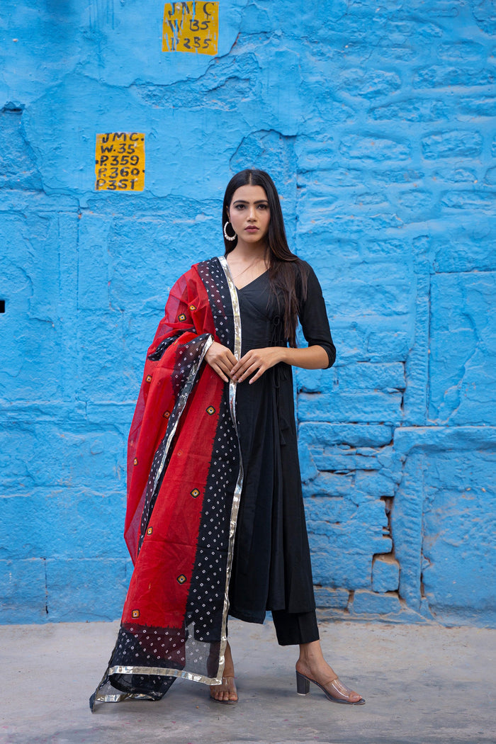 <img> Black Anarkali Set With Bandhani Dupatta