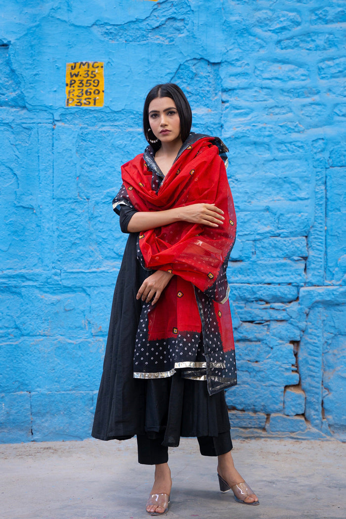 <img> Black Anarkali Set With Bandhani Dupatta