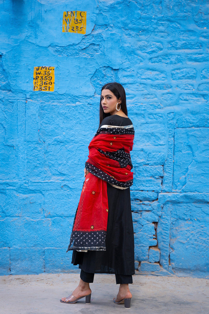 <img> Black Anarkali Set With Bandhani Dupatta
