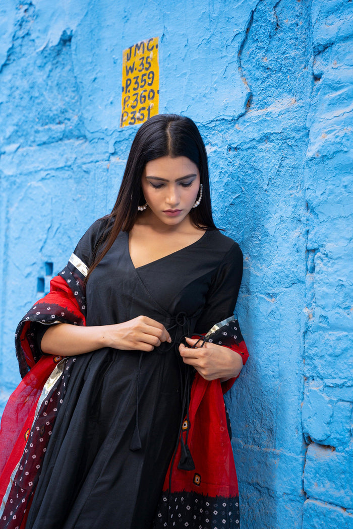 <img> Black Anarkali Set With Bandhani Dupatta