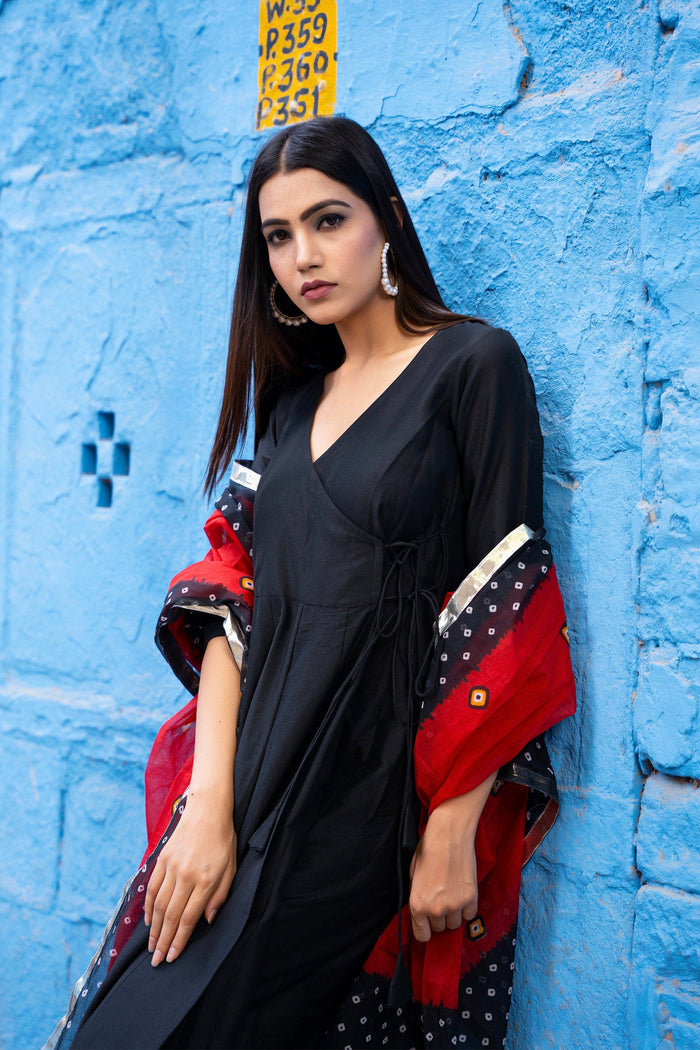 <img> Black Anarkali Set With Bandhani Dupatta