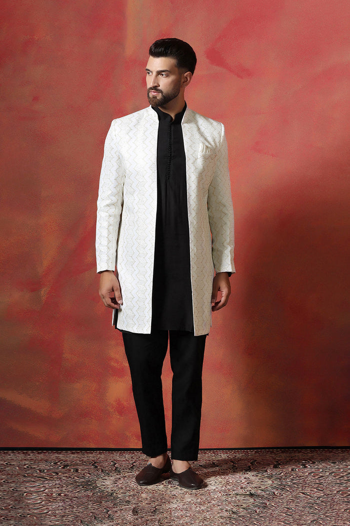 Black And White Cotton Blend Solid Sherwani Set