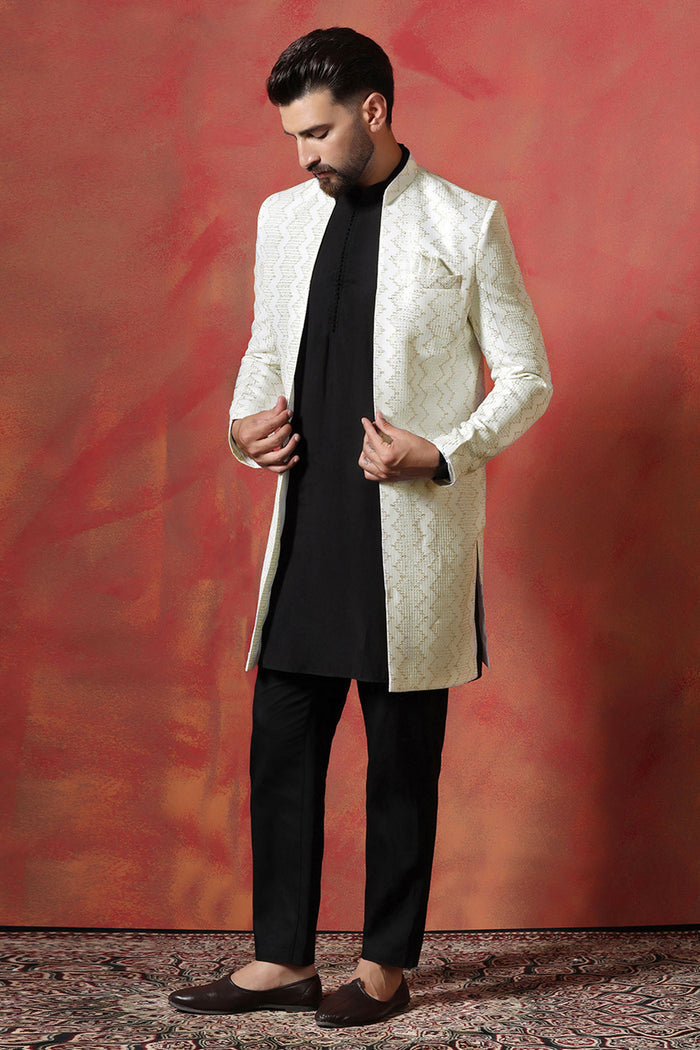 Black And White Cotton Blend Solid Sherwani Set