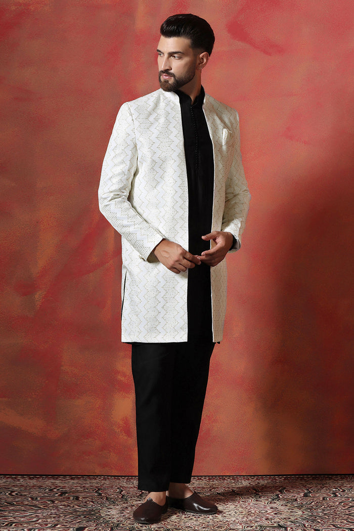 Black And White Cotton Blend Solid Sherwani Set