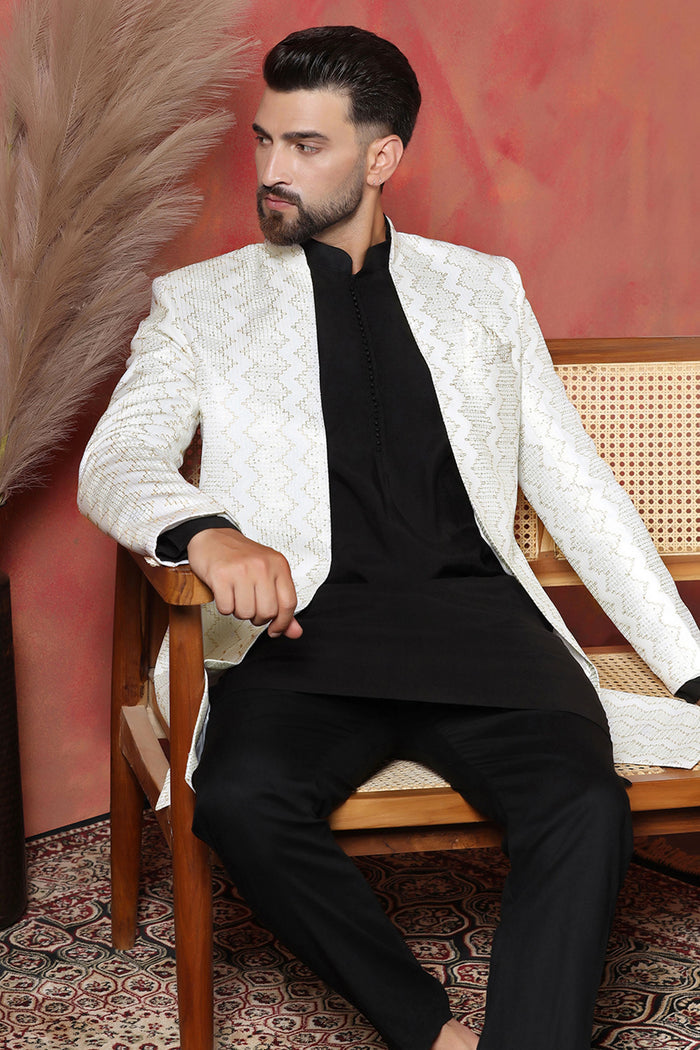Black And White Cotton Blend Solid Sherwani Set