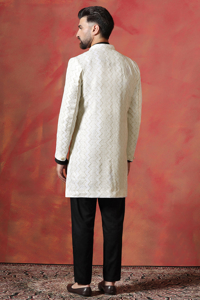 Black And White Cotton Blend Solid Sherwani Set