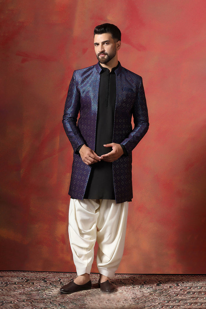 Black And White Jacquard Solid Sherwani Set