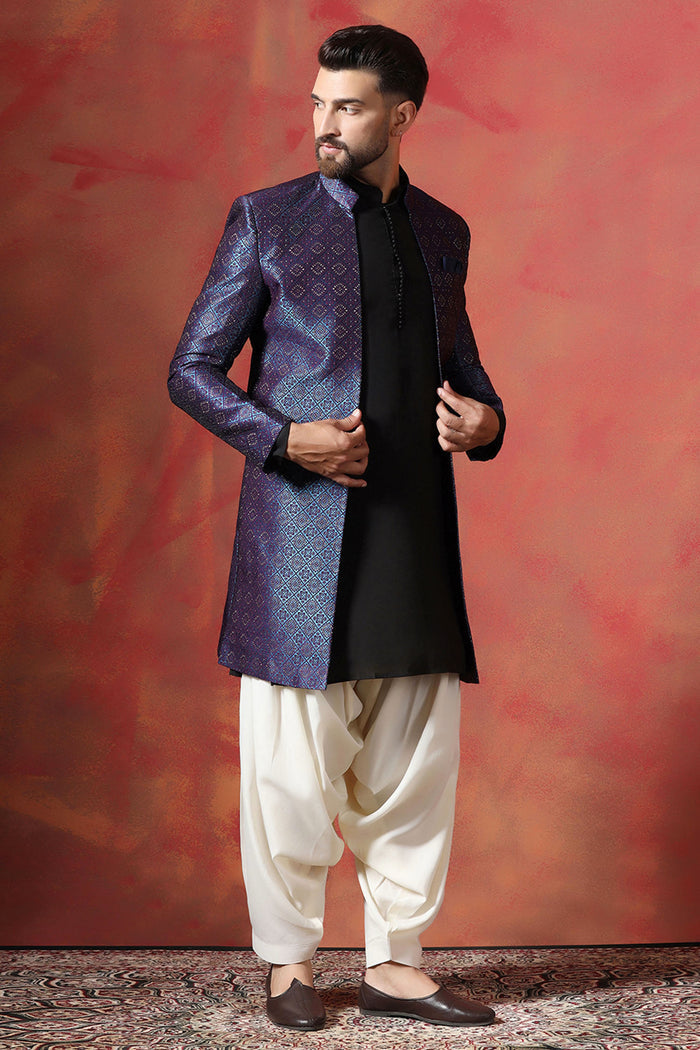 Black And White Jacquard Solid Sherwani Set