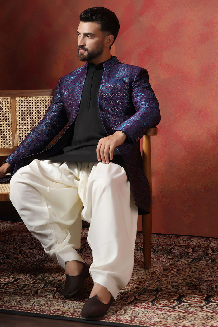 Black And White Jacquard Solid Sherwani Set