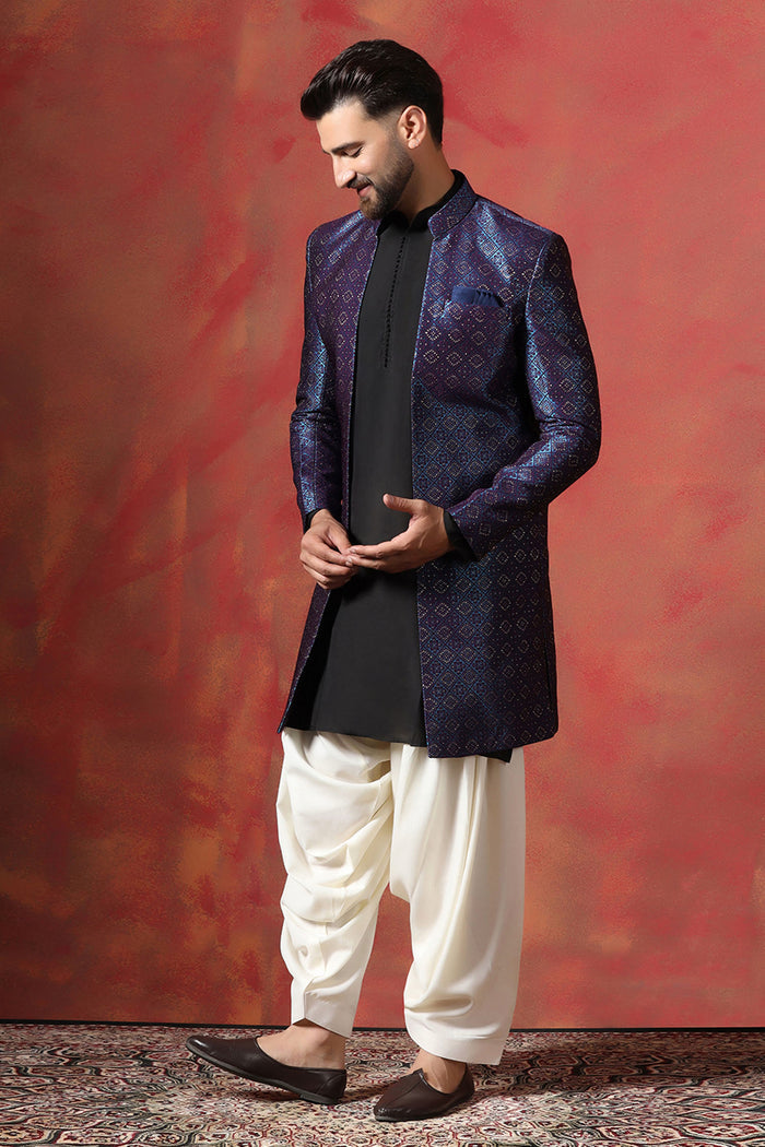 Black And White Jacquard Solid Sherwani Set