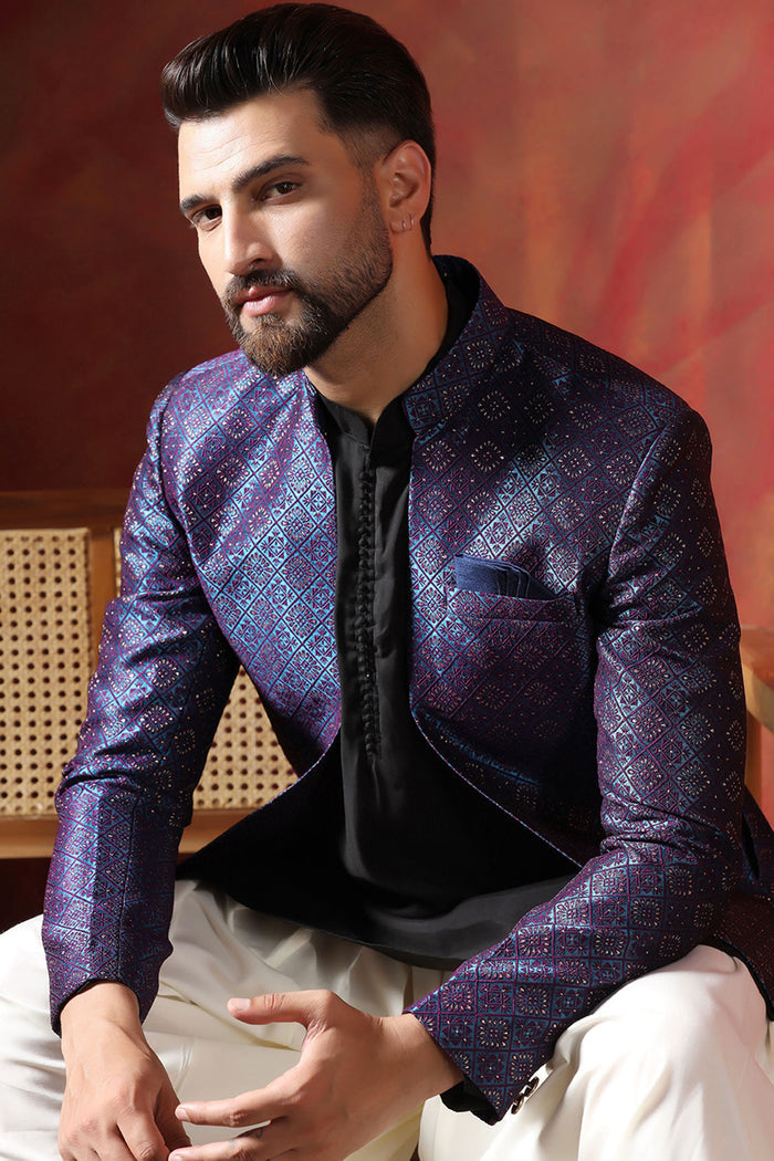 Black And White Jacquard Solid Sherwani Set