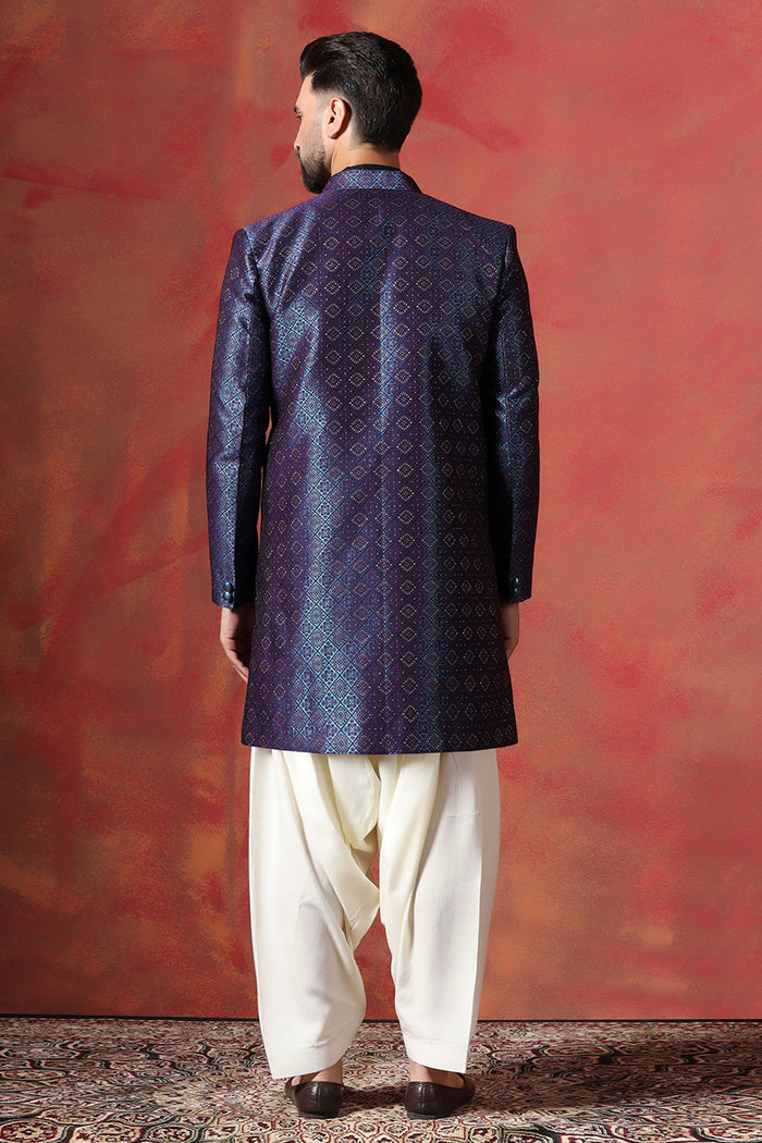 Black And White Jacquard Solid Sherwani Set