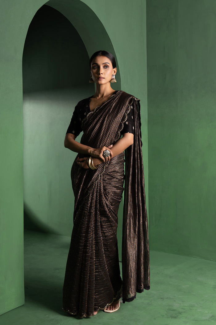 Black Chanderi Saree With Zari Stripes