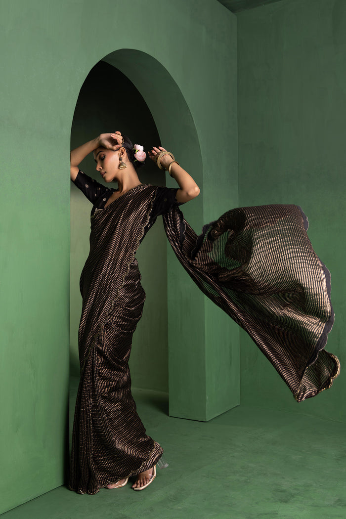 Black Chanderi Saree With Zari Stripes