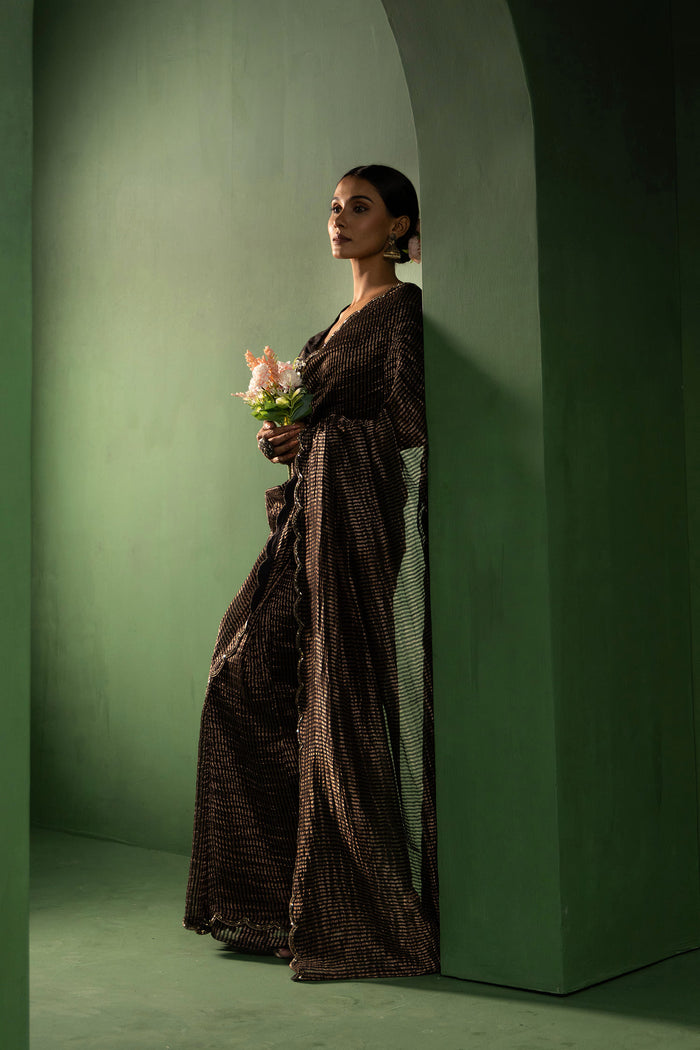 Black Chanderi Saree With Zari Stripes