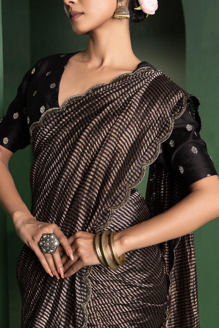 Black Chanderi Saree With Zari Stripes