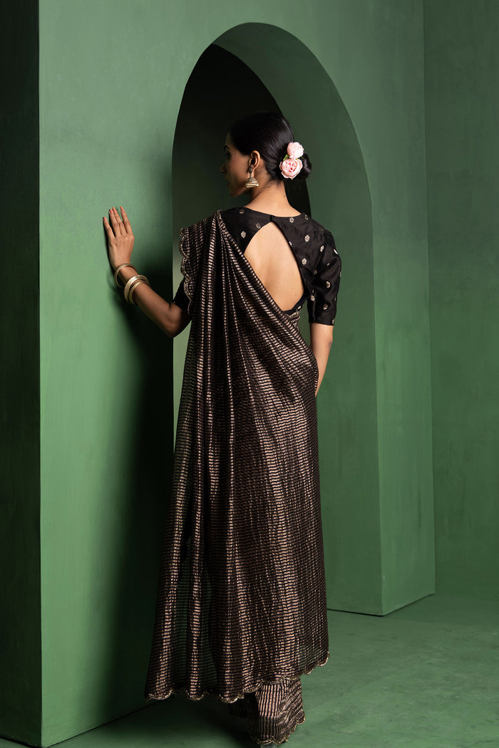 Black Chanderi Saree With Zari Stripes