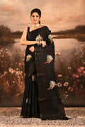 Black Checkered With Scattered Parrot Motif Designer Saree