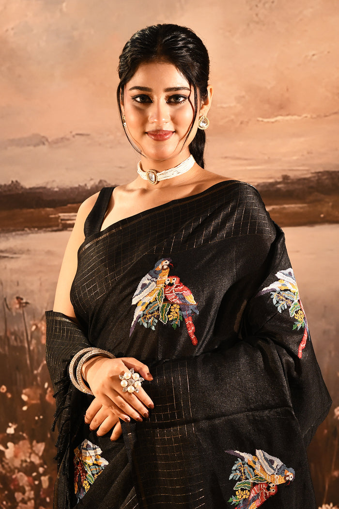 Black Checkered With Scattered Parrot Motif Designer Saree