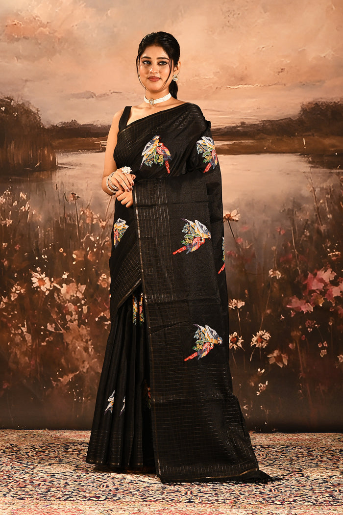 Black Checkered With Scattered Parrot Motif Designer Saree