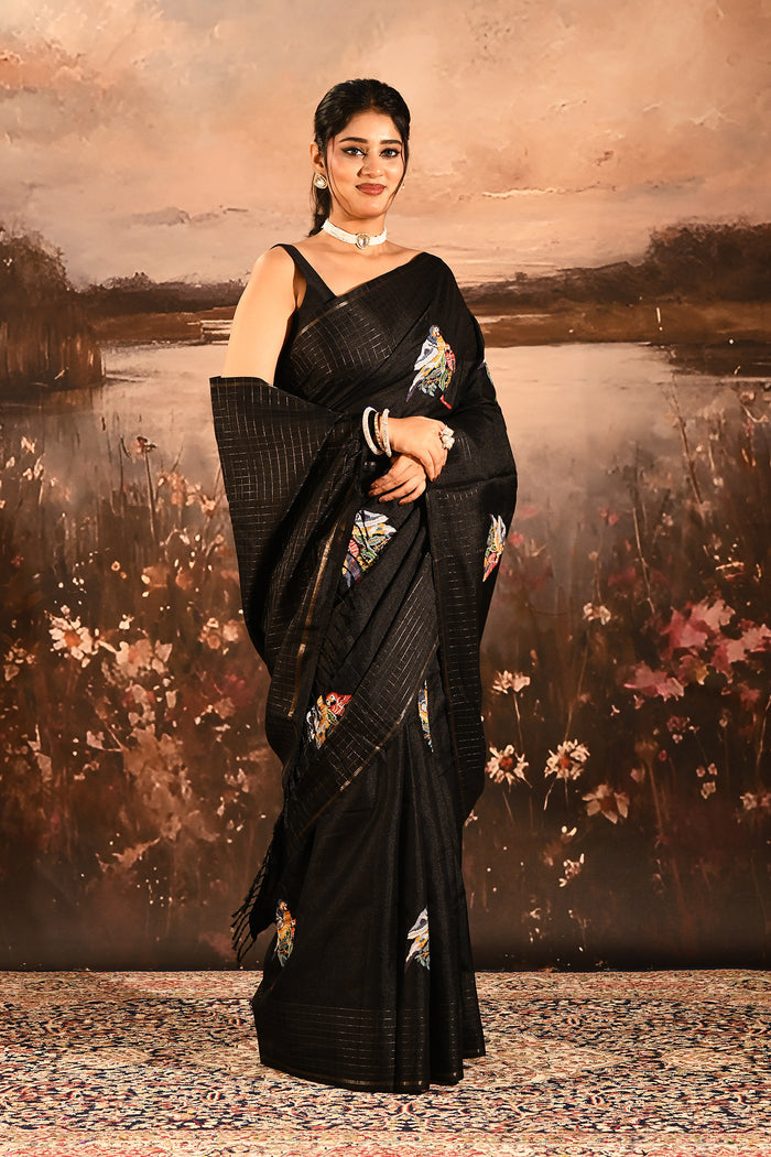 Black Checkered With Scattered Parrot Motif Designer Saree