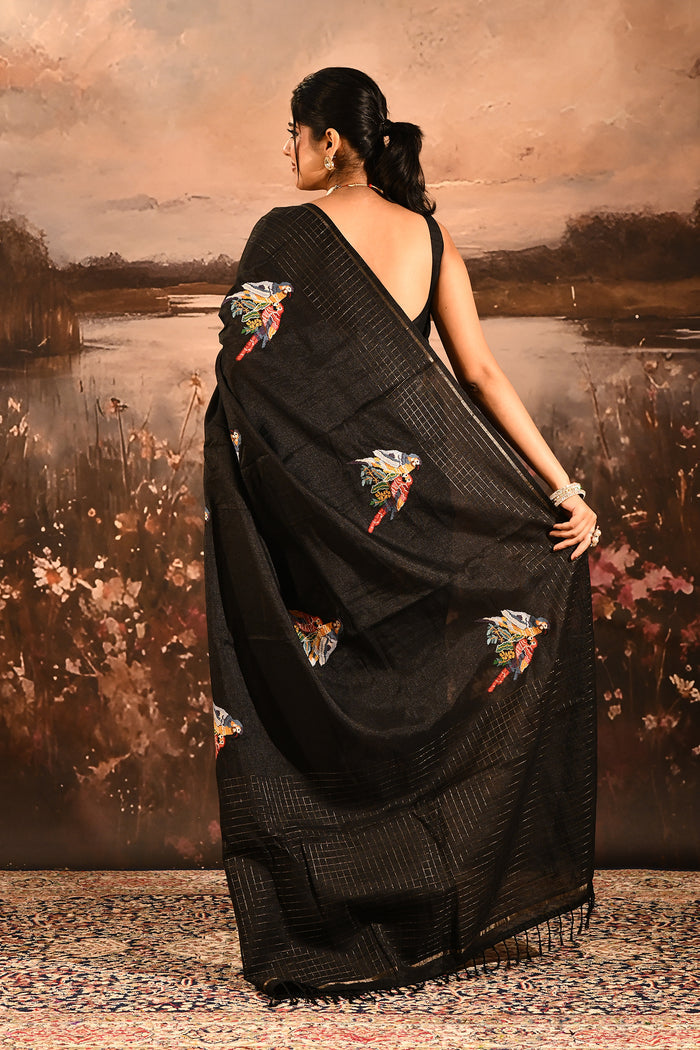 Black Checkered With Scattered Parrot Motif Designer Saree
