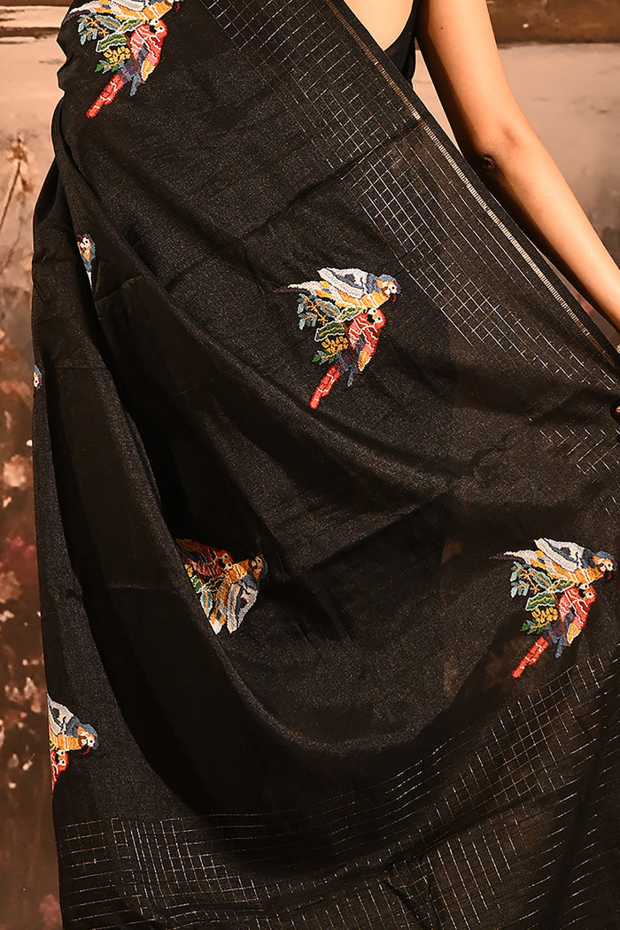 Black Checkered With Scattered Parrot Motif Designer Saree