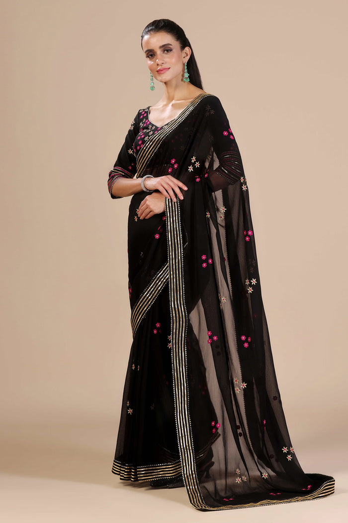 Black Chiffon Floral Embroidered Saree