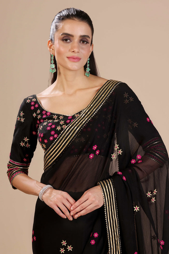 Black Chiffon Floral Embroidered Saree