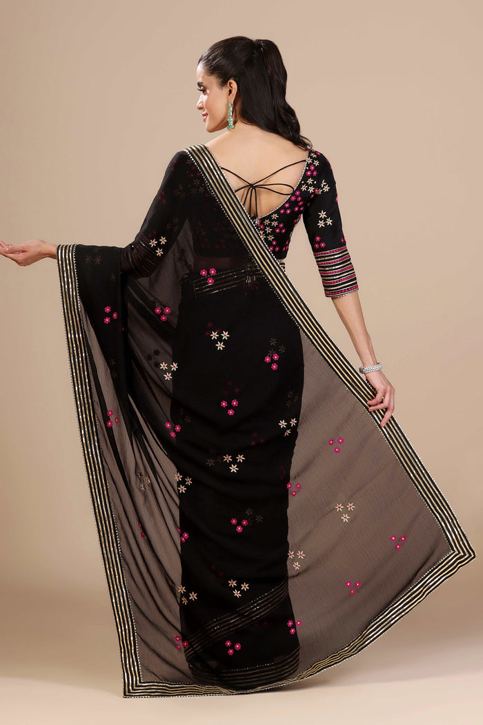 Black Chiffon Floral Embroidered Saree