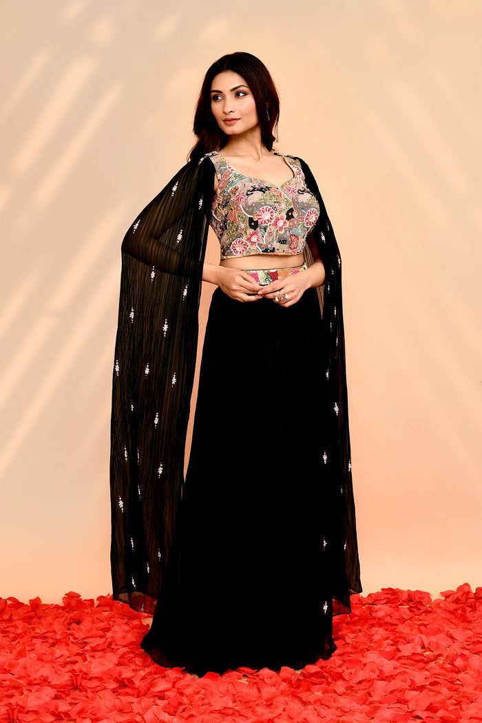Black Chinon Georgette Indo-Western Set