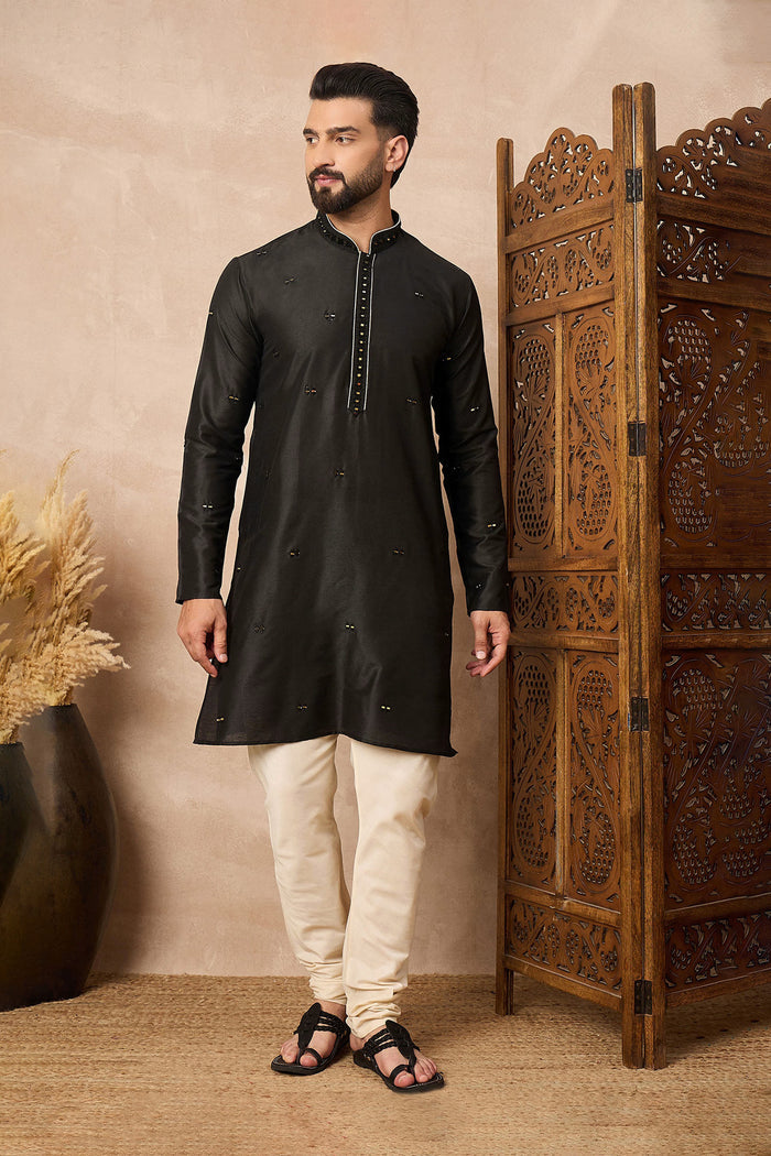Black Cotton Blend Mirror Work Kurta Set