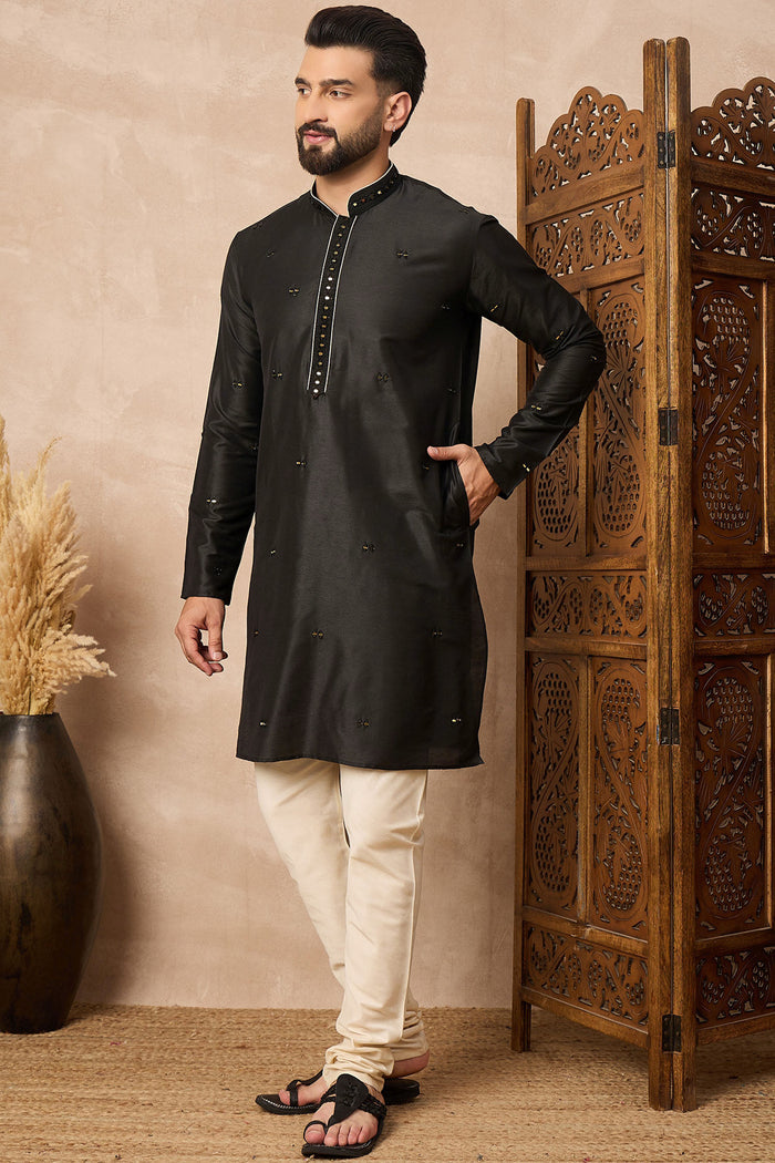 Black Cotton Blend Mirror Work Kurta Set