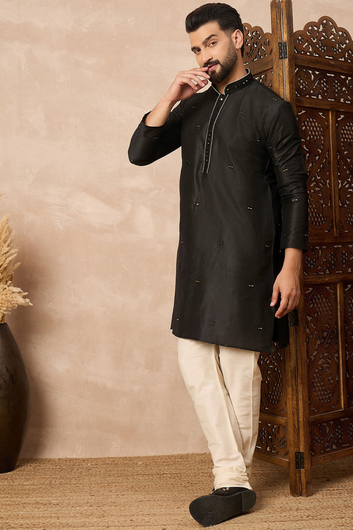 Black Cotton Blend Mirror Work Kurta Set