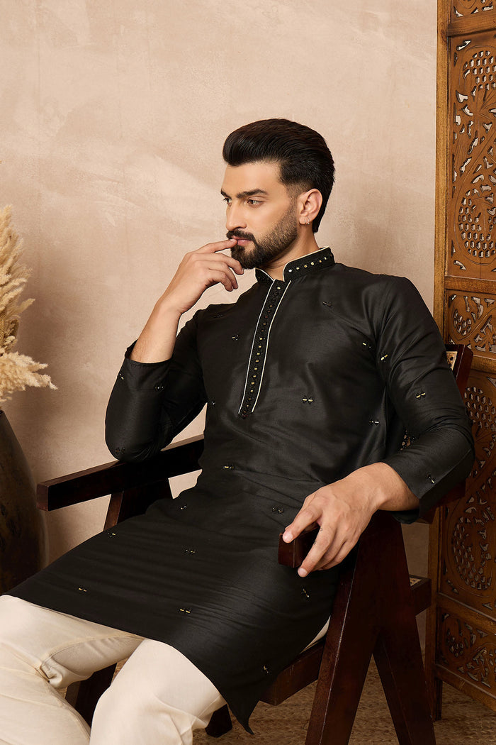 Black Cotton Blend Mirror Work Kurta Set