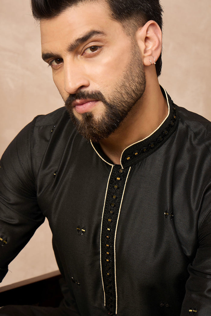 Black Cotton Blend Mirror Work Kurta Set
