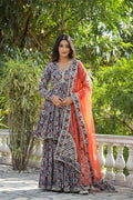 <img> Black Cotton Floral Printed Gharara Set