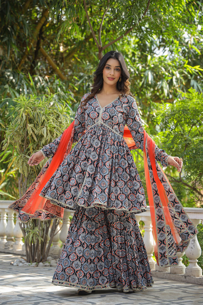 <img> Black Cotton Floral Printed Gharara Set
