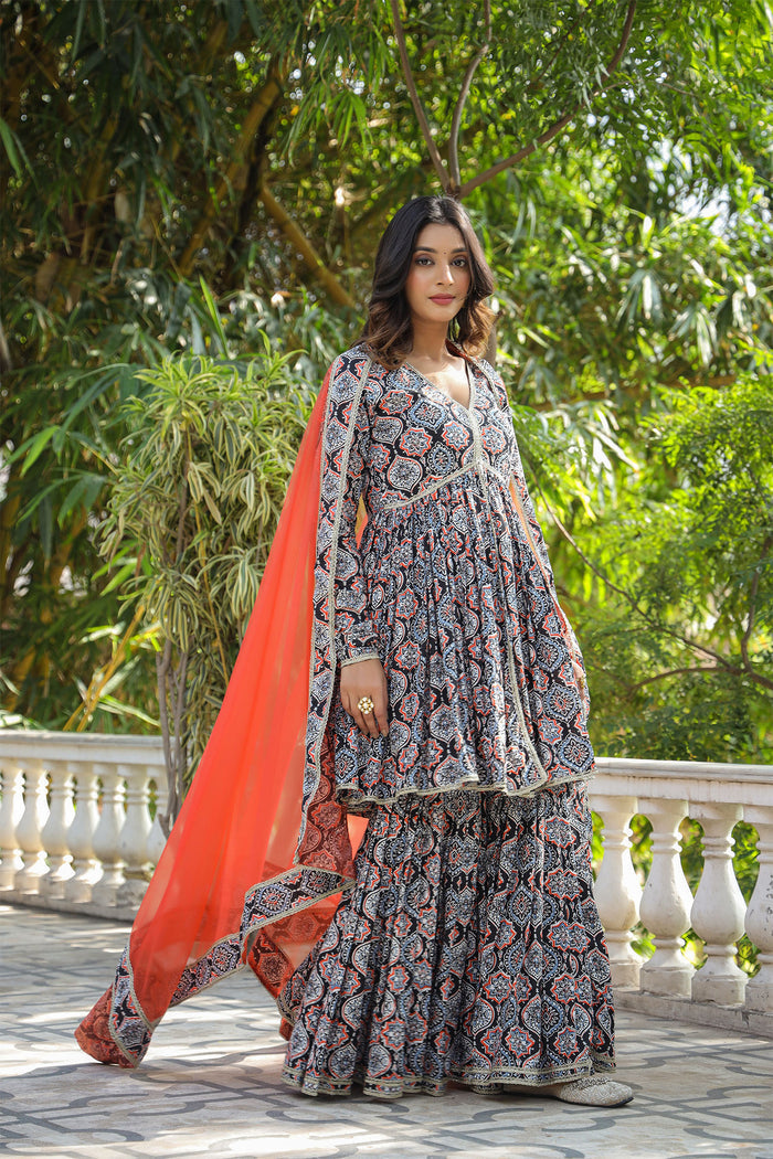 <img> Black Cotton Floral Printed Gharara Set