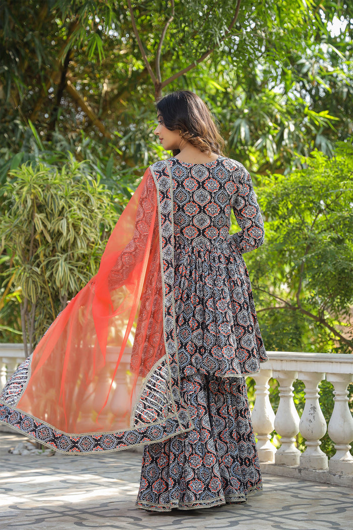 <img> Black Cotton Floral Printed Gharara Set