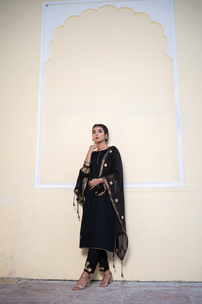 <img> Black Cotton Gota Patti Suit Set