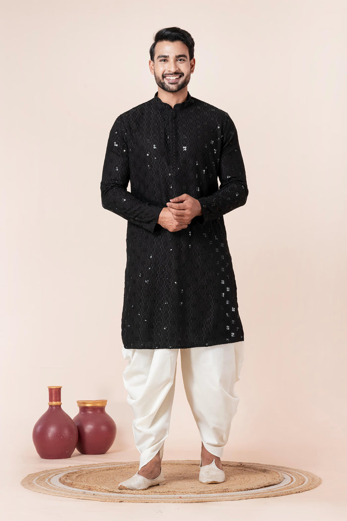 Black Cotton Silk Embroidered Dhoti Set