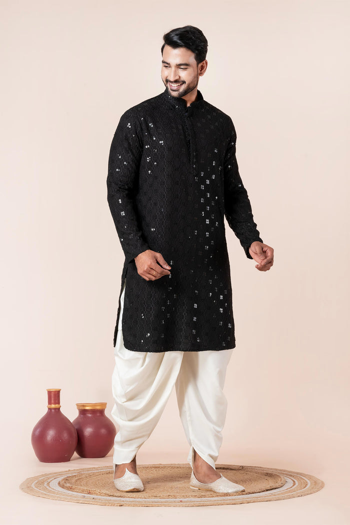Black Cotton Silk Embroidered Dhoti Set