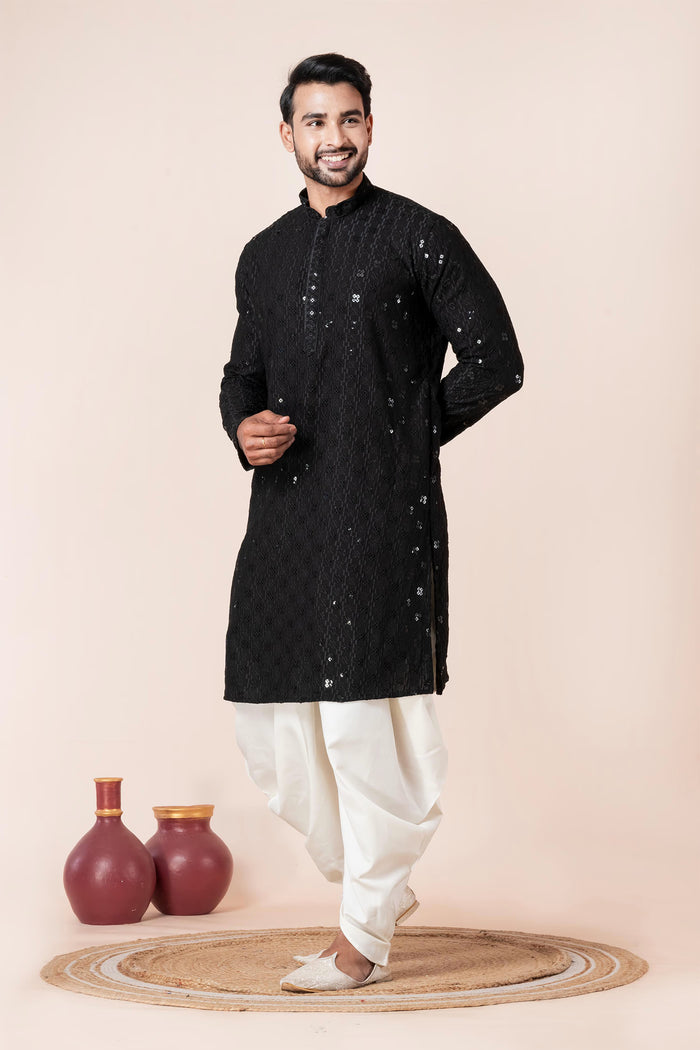 Black Cotton Silk Embroidered Dhoti Set