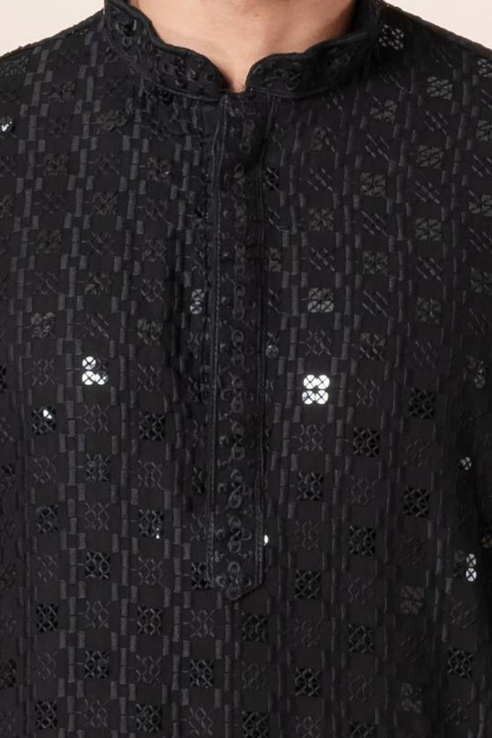 Black Cotton Silk Embroidered Dhoti Set