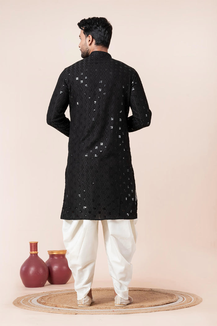 Black Cotton Silk Embroidered Dhoti Set