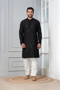 Black Cotton Silk Embroidered Kurta Set