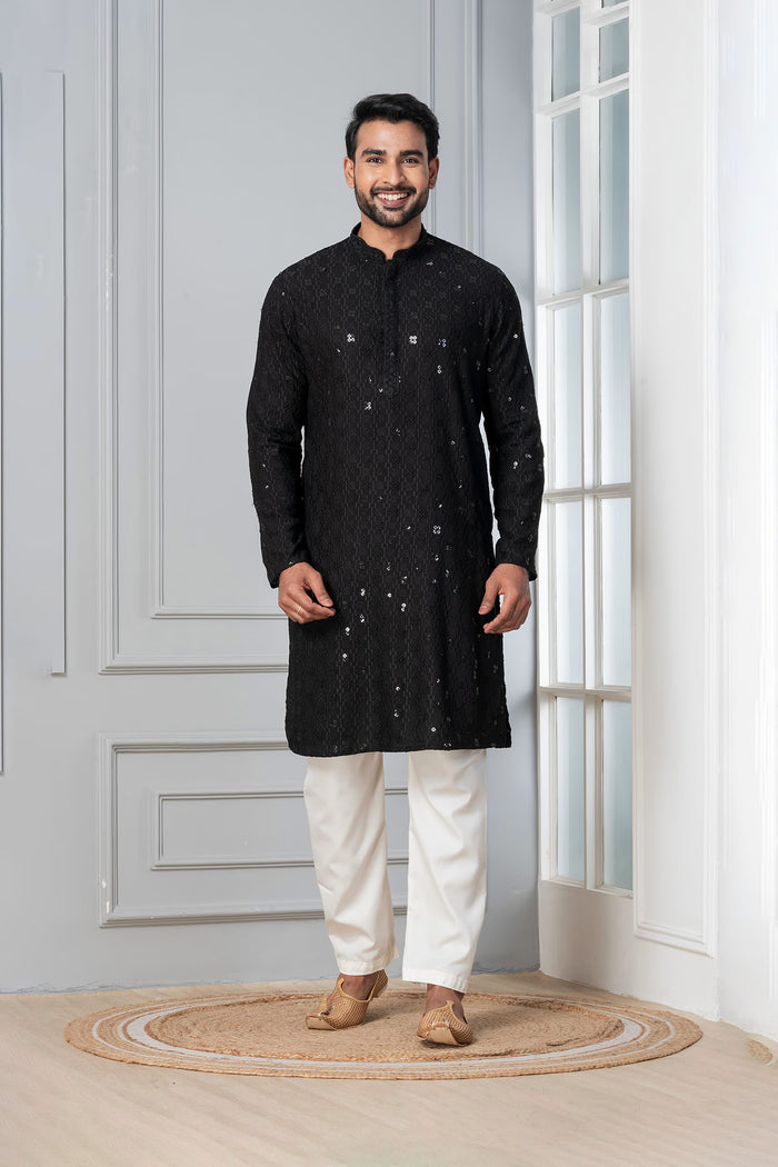 Black Cotton Silk Embroidered Kurta Set