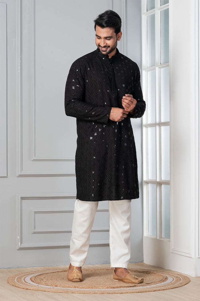 Black Cotton Silk Embroidered Kurta Set
